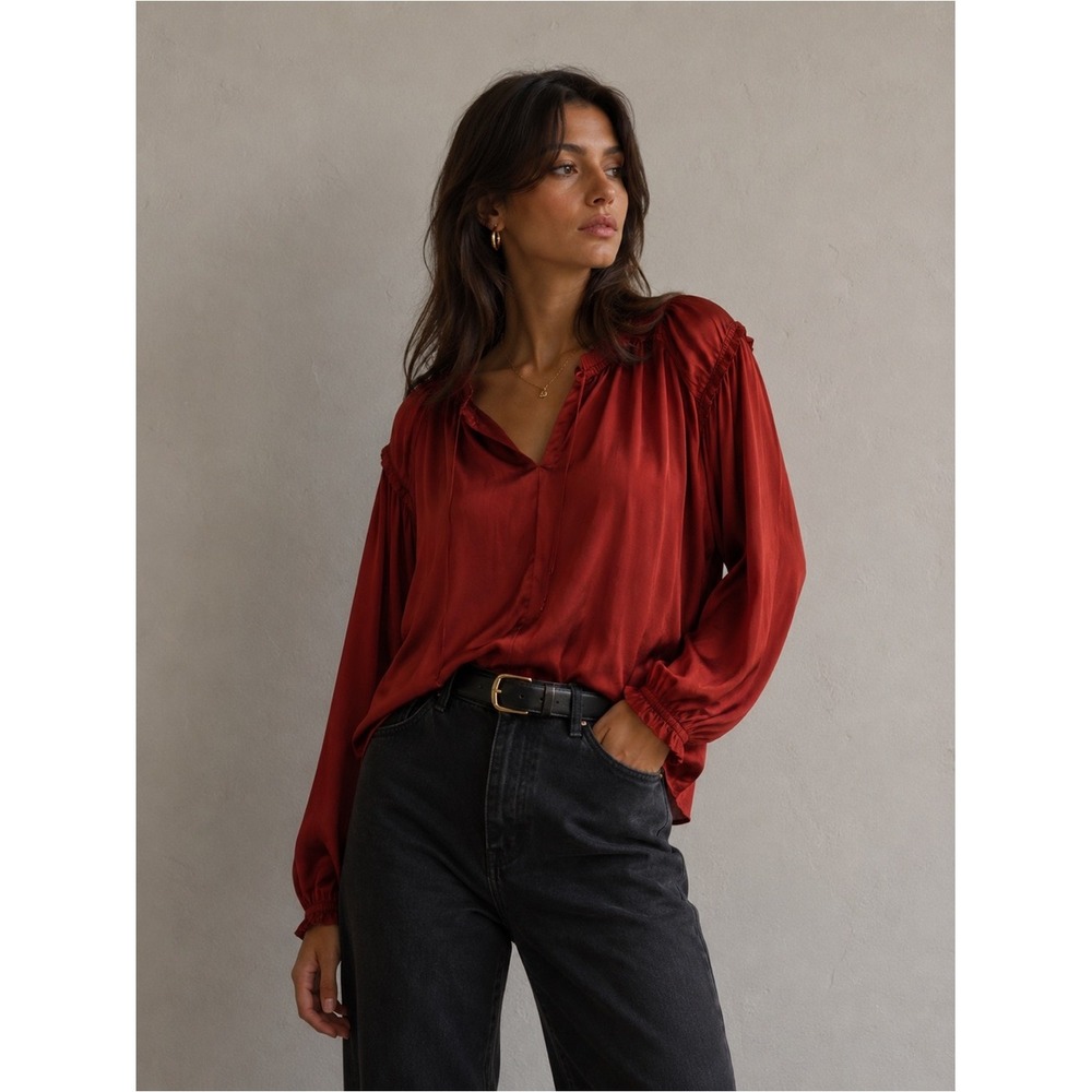 Philosophy Republic Clothing Rust Red Satin V-Neck Smocked Boho Blouse Top